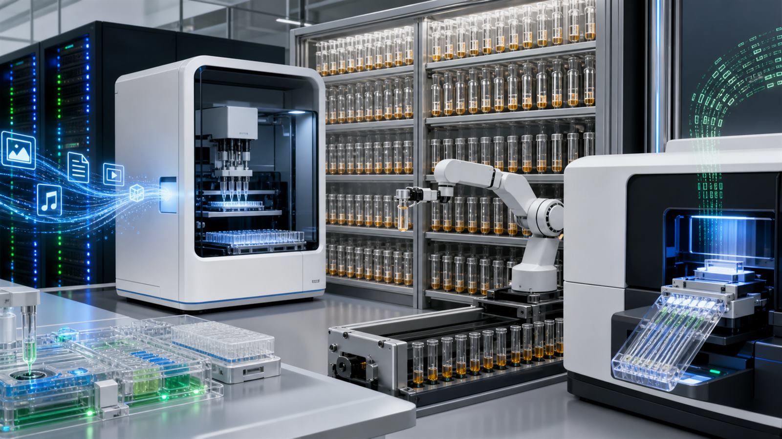 Automated laboratory system writing digital data into DNA samples, storing indexed capsules, retrieving one sample, and sequencing it for reconstruction