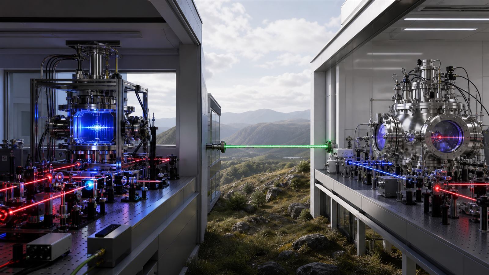 Two precision optical atomic clock laboratories connected by a stabilized fiber link across a visible elevation difference